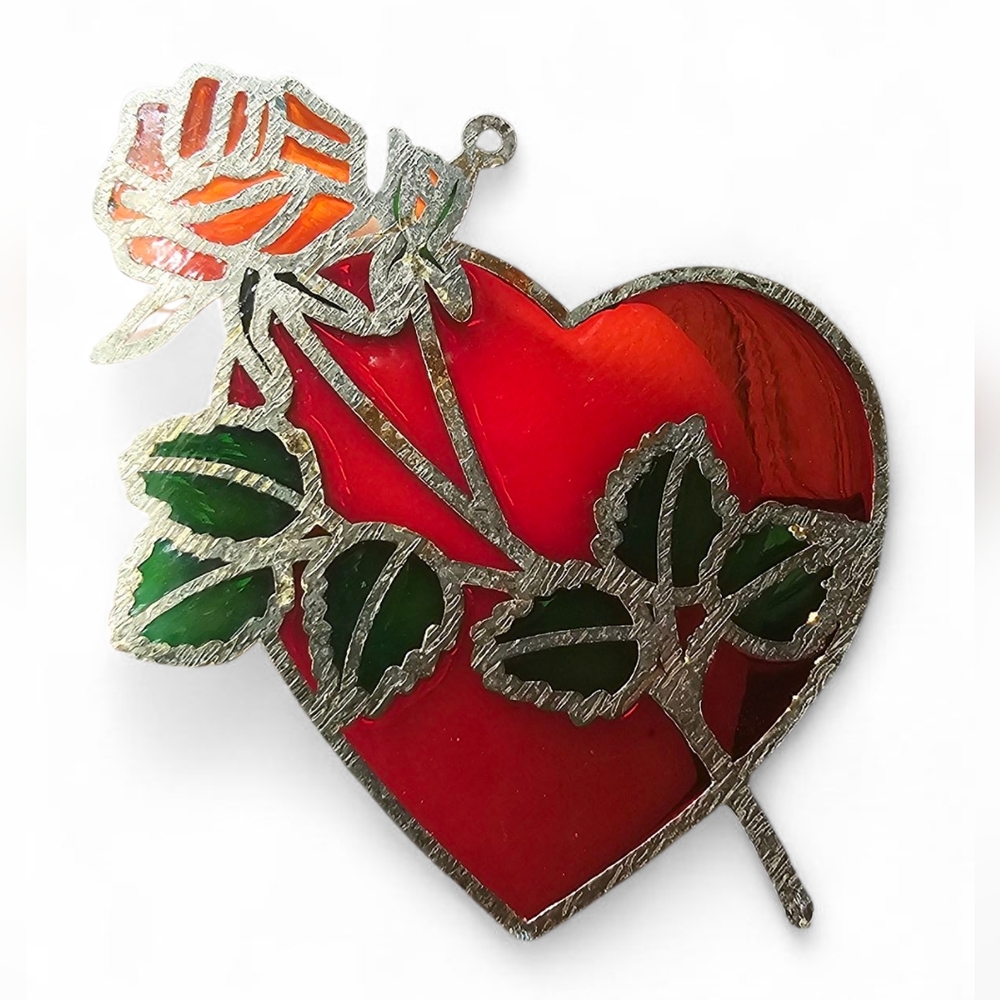 Vintage - Acrylic Stained Glass Heart & Rose 3.75x5" - Picture 3 of 3